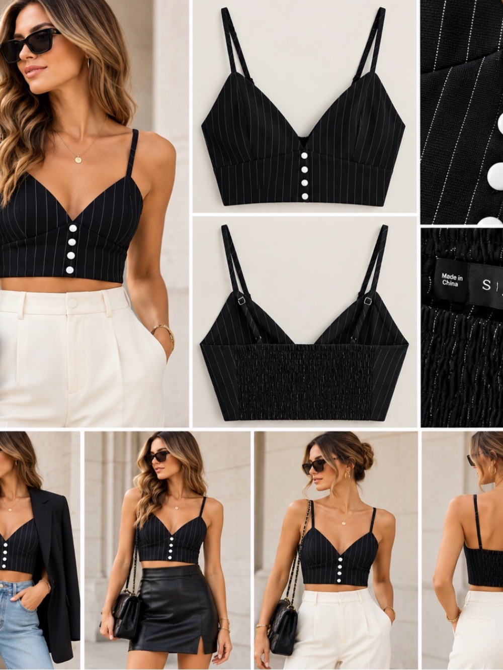 Zaful Black Pinstripe Button-Front Cropped Cami